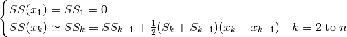 \begin{cases}
    SS(x_1) = SS_1 = 0 \\
    SS(x_k) \simeq SS_k = SS_{k-1} + \frac{1}{2}(S_k + S_{k-1})
        (x_k - x_{k-1}) \quad k = 2 \; \text{to} \; n
\end{cases}