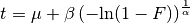t = \mu + \beta \left( -\text{ln}(1 - F) \right)^{\frac{1}{\alpha}}